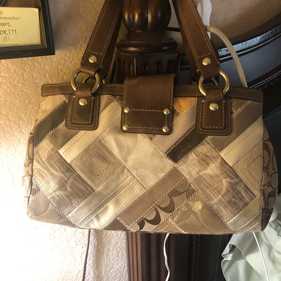 Coach Handbag Patchwork Turnlock Canvas Satchel/shoulder Bag/matching wallet - Picture 2 of 15